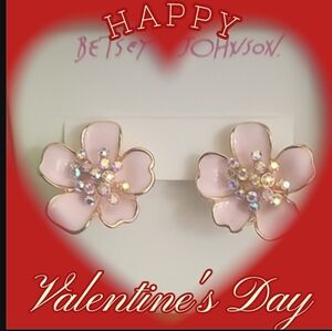 New Betsey Johnson Pierced Earrings Pink Flower Crystals Leverback Closure 1"